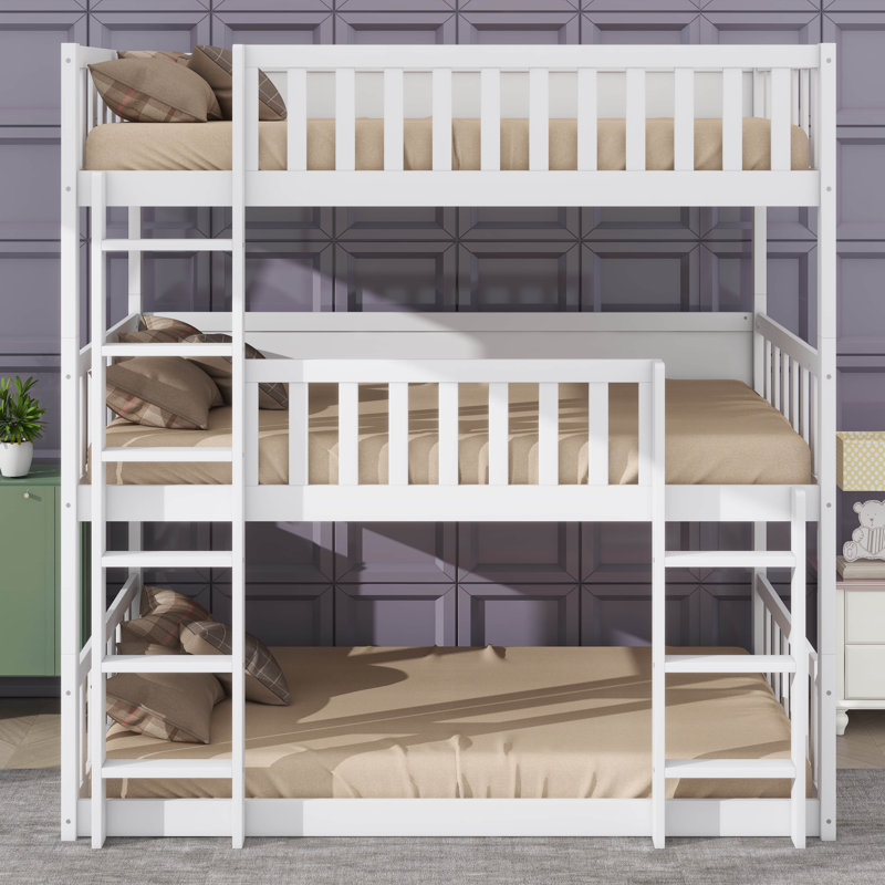 Twin-Sized Three-Tier Rubber Wood Bunk Bed, Fully Equipped With Ladders And Guardrails, White