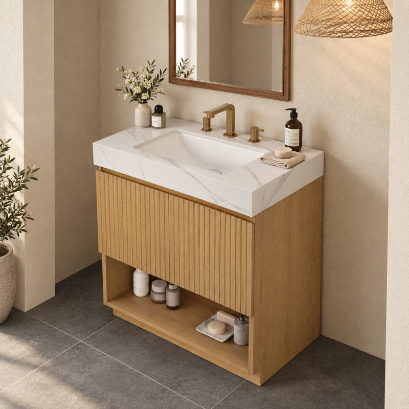 Meuble-lavabo sur pied moderne cannelé avec comptoir en pierre frittée blanche de Carrare et lavabo en céramique prépercé pour robinetterie, chêne