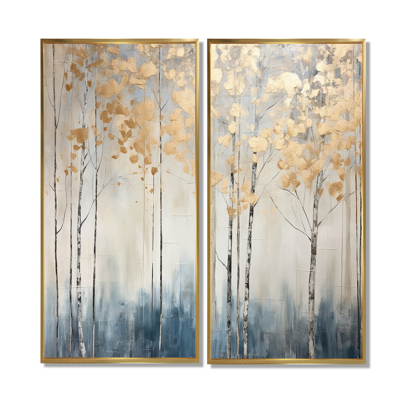 Minimalisme, forêt bleue et dorée II, art mural forêt à 2 panneaux, H 40 po x l 40 po, Doré