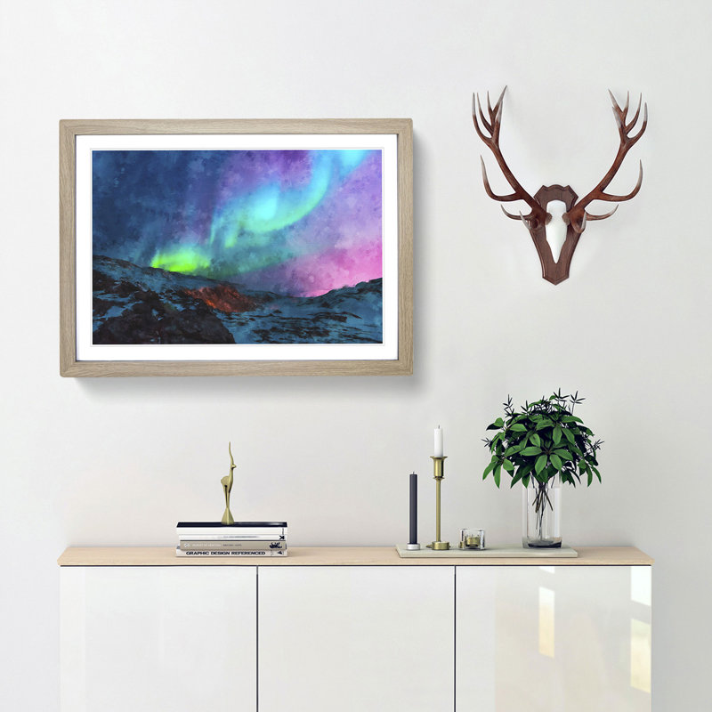 The Northern Lights Aurora Borealis - Picture Frame Painting Print, 33cm H x 45cm W x 2cm D, Oak Framed