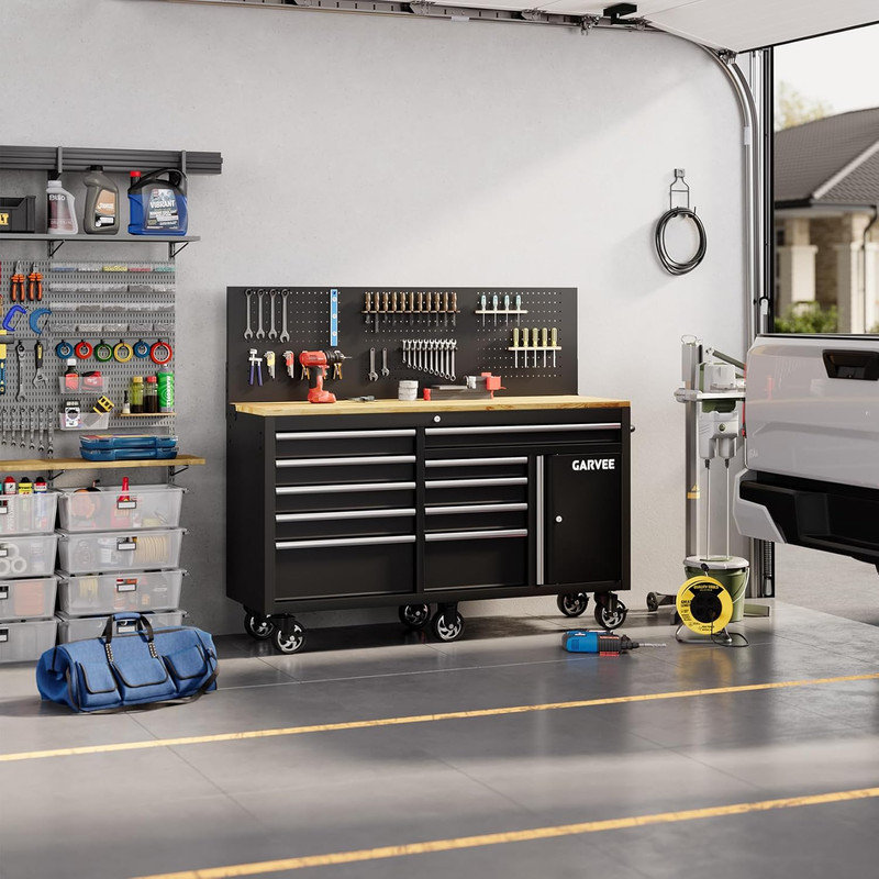 Caisse à outils roulante 60 pouces avec 10 tiroirs, panneau perforé, station de charge et armoire verrouillable, noir
