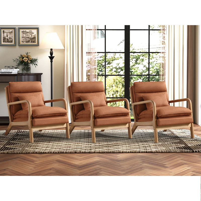 25.79" W Soft Mid-Century Linen Upholstered Accent Chair With Lumbar Pillow, Brown, 3