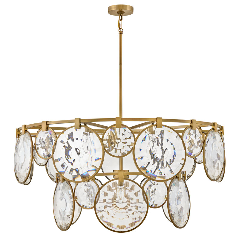 Nala 15-Light Two-Tier Drum Chandelier w/ Multi-Faceted Optic Crystal Glass, Heritage Brass