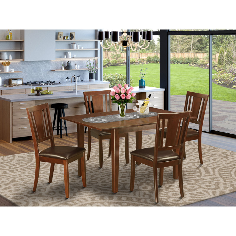 5 Piece Dining Room Table Set Includes a Rectangle Kitchen Table with Butterfly Leaf and 4 Faux Leather Dining Chairs, Mahogany