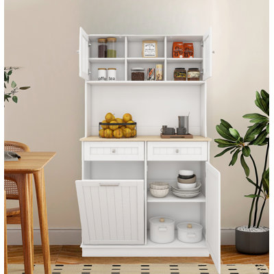 Tall  Storage Cabinet With 3 Adjustable Shelves, 2 Drawers And 1 Tilt Out Trash Cabinet