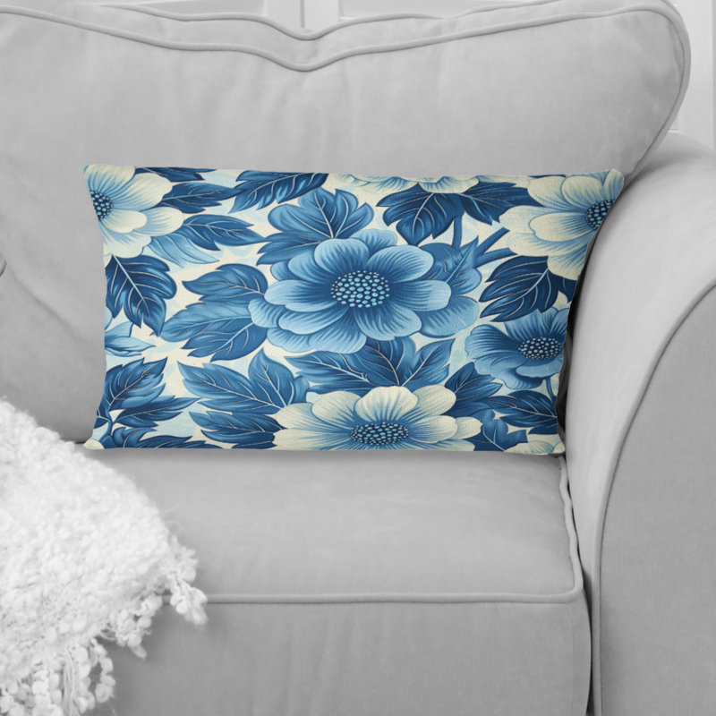 Cobalt Blue Floral Transitional V - Transitional Lumbar Pillow