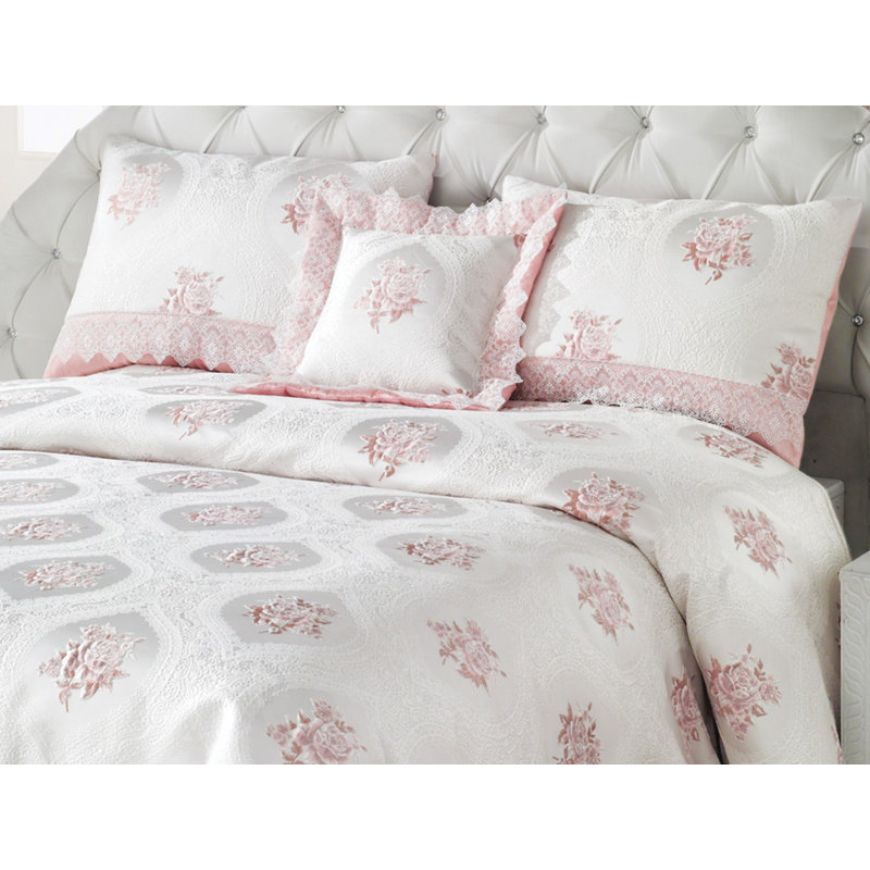 Cotton Floral Coverlet, White/Pink