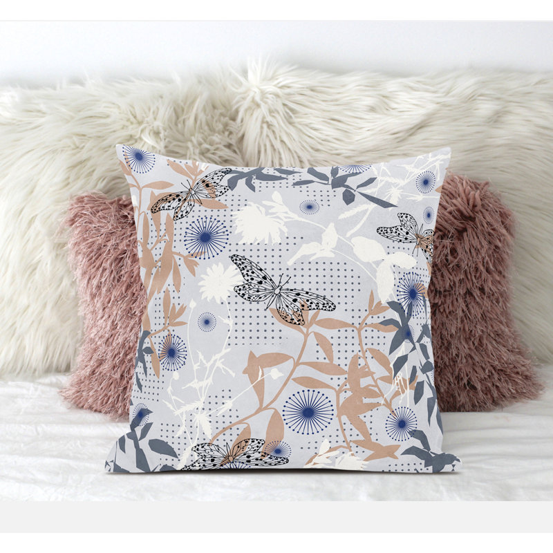 Coussin décoratif floral intérieur / extérieur réversible, Gris / Orange, H 16 po x l 16 po