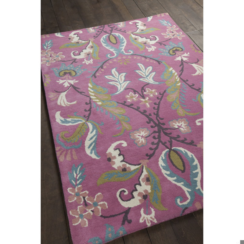 Tapis en laine à motif floral orchidée rose, vert sauge et bleu sarcelle Adairsville, Rectangle 5 pi x 7 pi 6 po