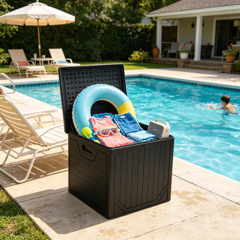 Balconera 150 Gallons Water Resistant Resin Lockable Deck Box,Black, Black, 150