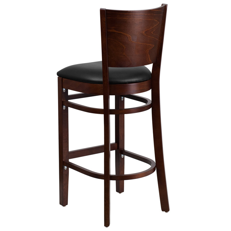 Claridge Solid Back Wooden Restaurant Barstool, Vinyl-Black, Walnut, 1