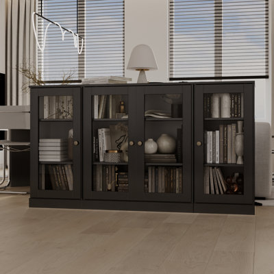 Buffet 100% bois massif 65 po avec portes en verre transparent et tablettes réglables