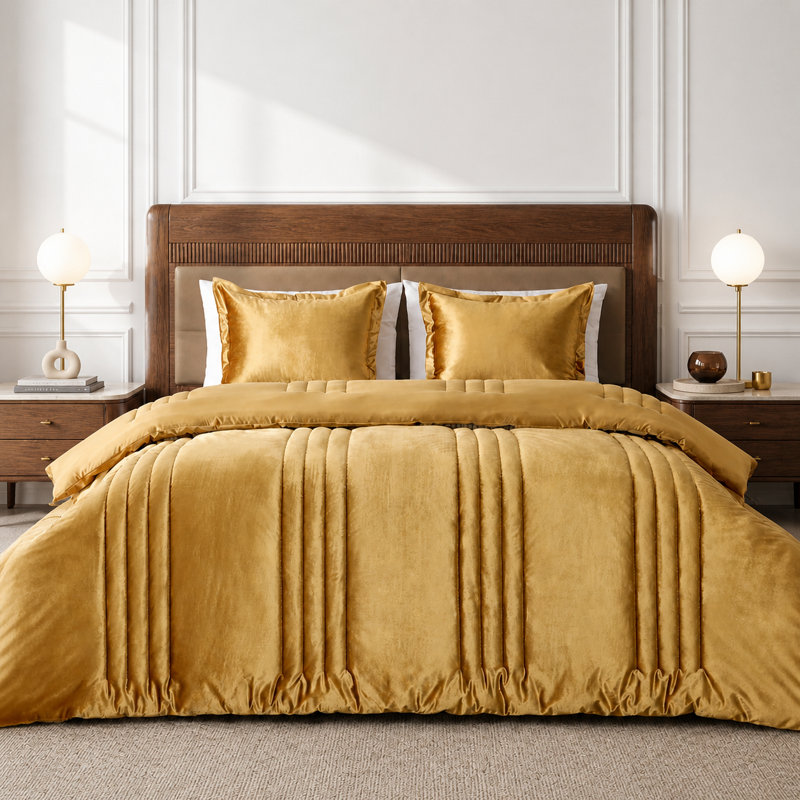 Luxury Velvet Bedding Comforter Sets 3 Pieces. Lightweight fluffy and soft velvet comforter set, Queen, Gold