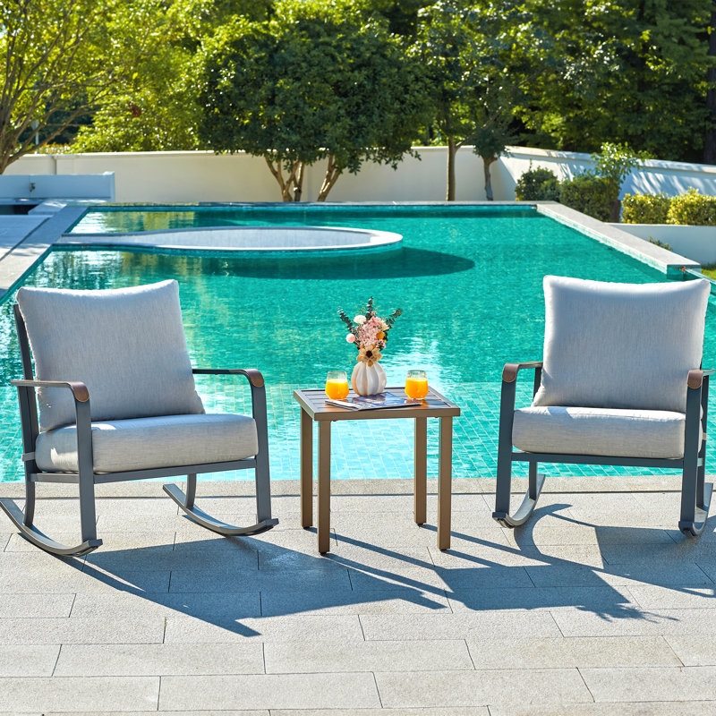 3 Pieces Modern Outdoor Conversation Sets with Rocking Chairs & Table, Gray/Brown Frame/Gray Cushion