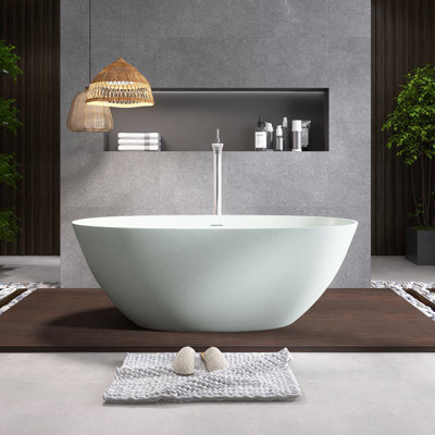 63'' Modern Freestanding Bathtub Resin Stone Soaking Bathtub Solid Surface Tubs With Overflow And Pop-Up Drain,Turquoise Green