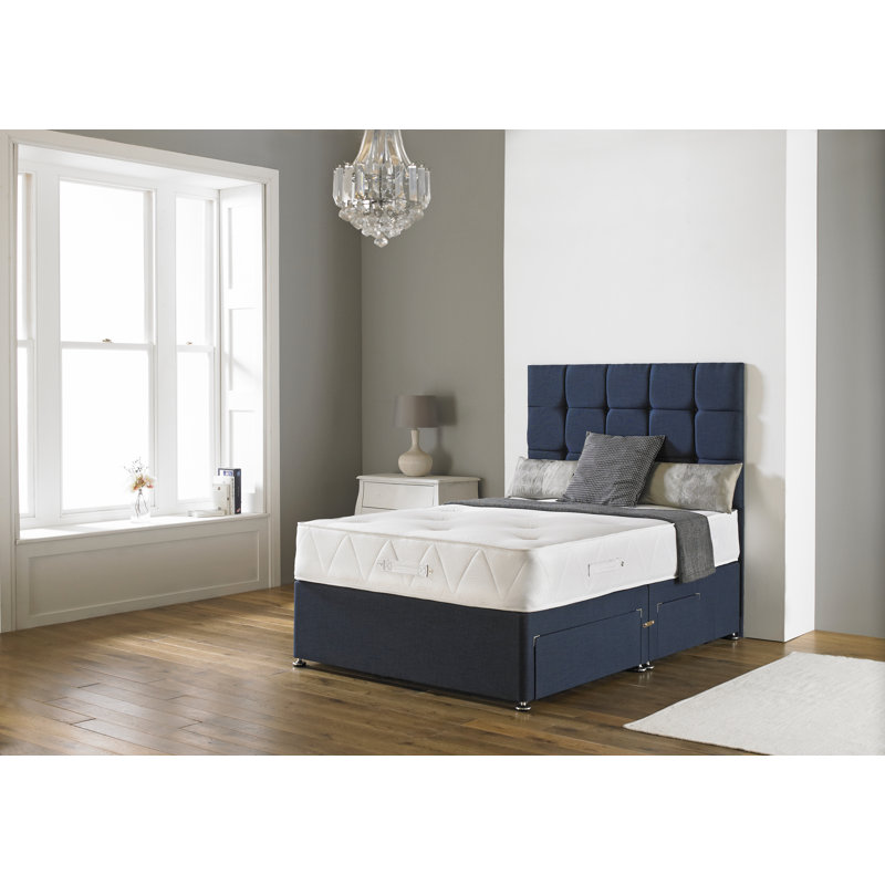 Asia Upholstered Divan Bed with Mattress, Midnight Blue Linen, Small Double, 4 Drawer Continental