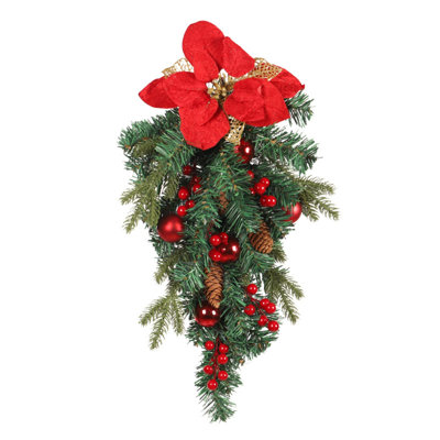 19.69 Inch Artificial Christmas Teardrop Swag, Wall‑Hanging Pine Swag with Red Poinsettia, Ornament Balls, Berries and Pinecone for Front Door Holiday Decor