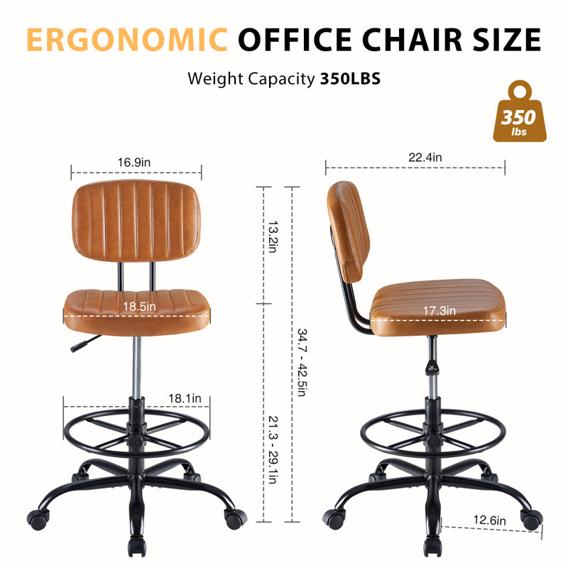 Ovidia Modern Ergonomic Drafting Chair with Footrest Ring, Tall Office Chair for Standing Desk and Bar Counter, Brown