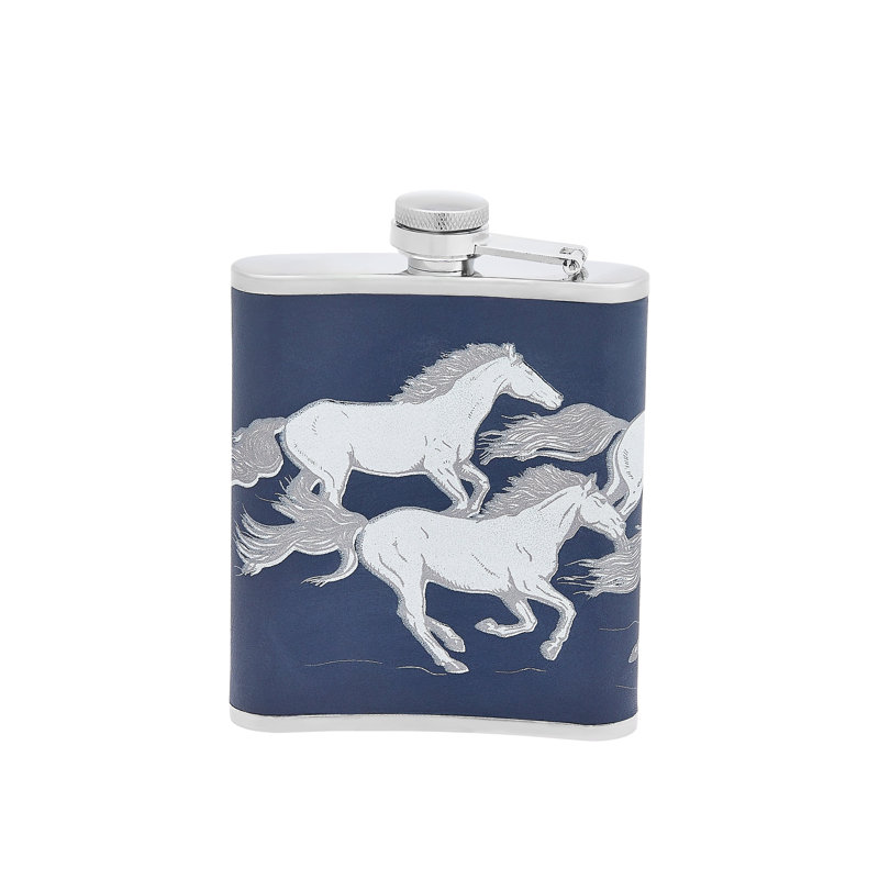 Running Horses Leather Hip Flask, Blue