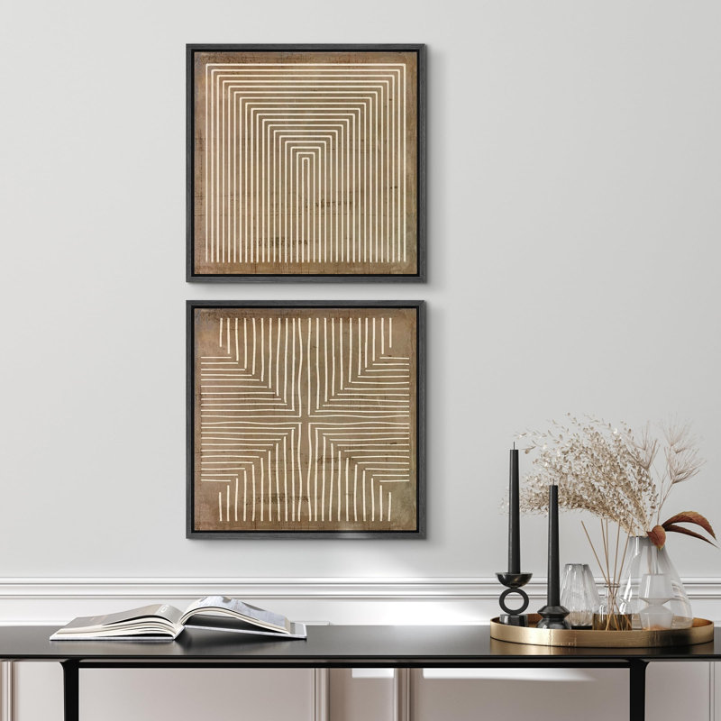 Geometric Line Pattern Wall Decor - Minimalist Neutral Abstract Artwork - Framed Canvas Master Bedroom Wall Art Work 2 Pieces Print
