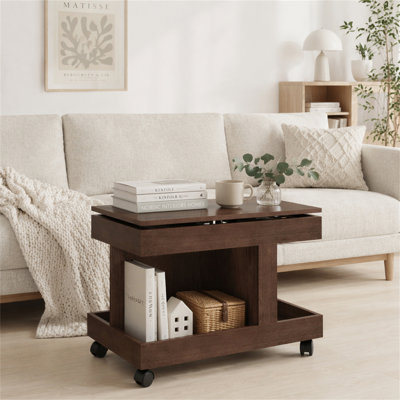 Small Coffee Table with Wheels, 360° Rotating Desktop Multi-Functional Side Table, Rolling End Table with Storage Compartment, Mobile Bedside Table for Living Room Bedroom Home Furniture