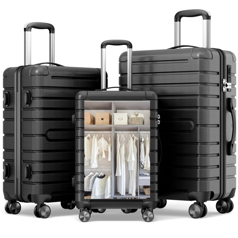 Ensemble de valises rigides 3 pièces Fenbeli, serrures TSA, valises ABS + PC avec roues, gris noir (20 "/ 24" / 28 "), Black