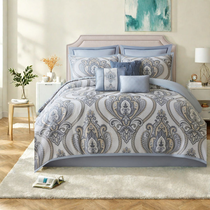 -Piece Cal King Bedding Sets, Blue Polyester Jacquard, Elegant Bedroom
