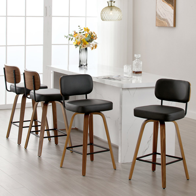74CM Seat Height Swivel Bar Stools, Faux Leather & Walnut Bentwood , Black