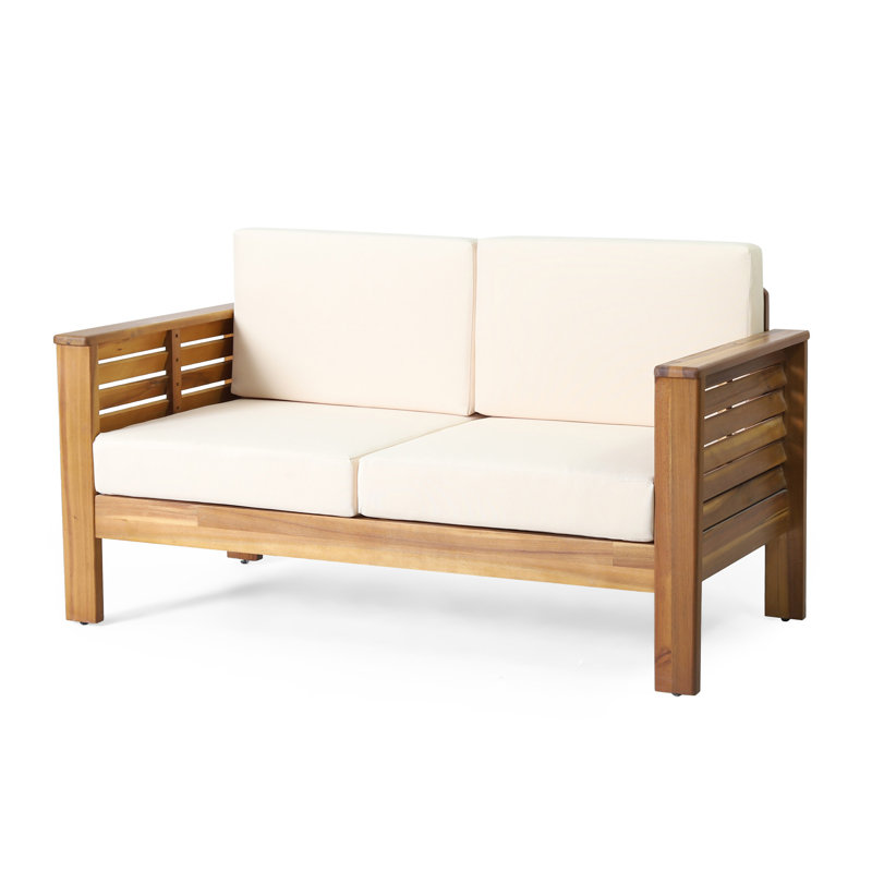 Zytaevius Outdoor Sofa Seating Group with Cushions, Teak Frame/Cream Cushion, 4 Pieces: Table, Loveseat, 2 Chairs