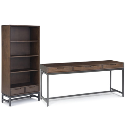 Bureau industriel en bois massif Wilmington de 72 po de largeur avec bibliothèque de 30 po de largeur en chêne (ensemble de 2)