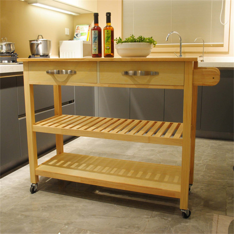 Îlot de cuisine et chariot en bois d'hévéa durable avec roues verrouillables, conception simple pour une utilisation polyvalente et solutions de rangement.