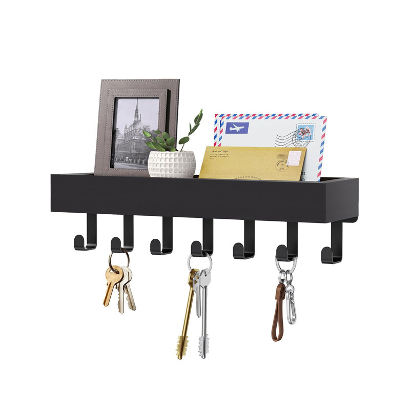 Porte-clés mural l 11,8 po - Organisateur de courrier, crochets magnétiques - Rangement pour entrée noire, Noir