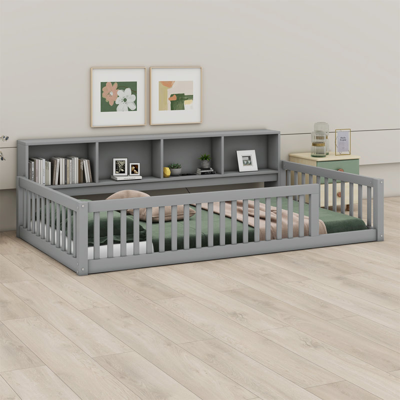 Lit en bois avec armoires de rangement et ports USB, Gris