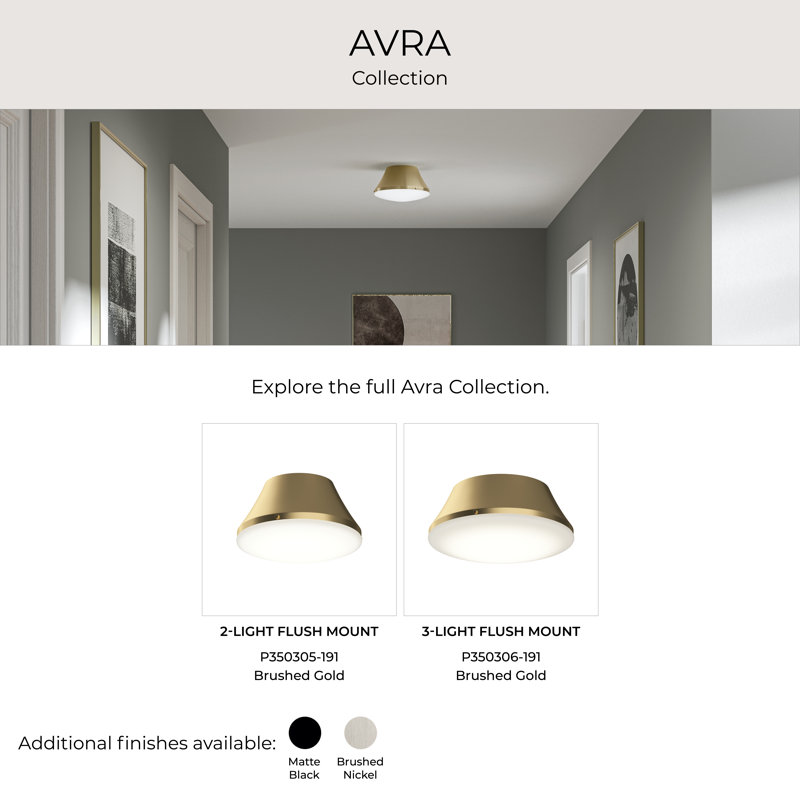 Plafonnier encastré doré moyen à 2 lumières Avra avec abat-jour en verre blanc gravé, Or brossé, 2
