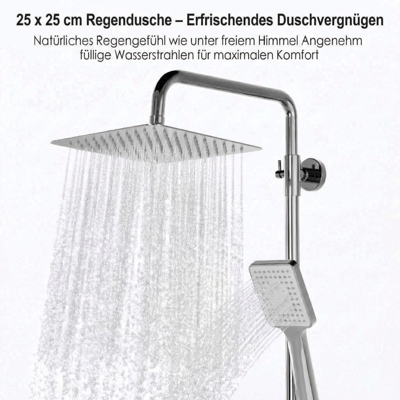 Thermostatic Shower Column Set with Anti-Scald 38°C Safety Lock, 304 Stainless Steel, 5-Function Square Handheld, Adjustable Slide Bar, 1.5m Hose, Easy Install
