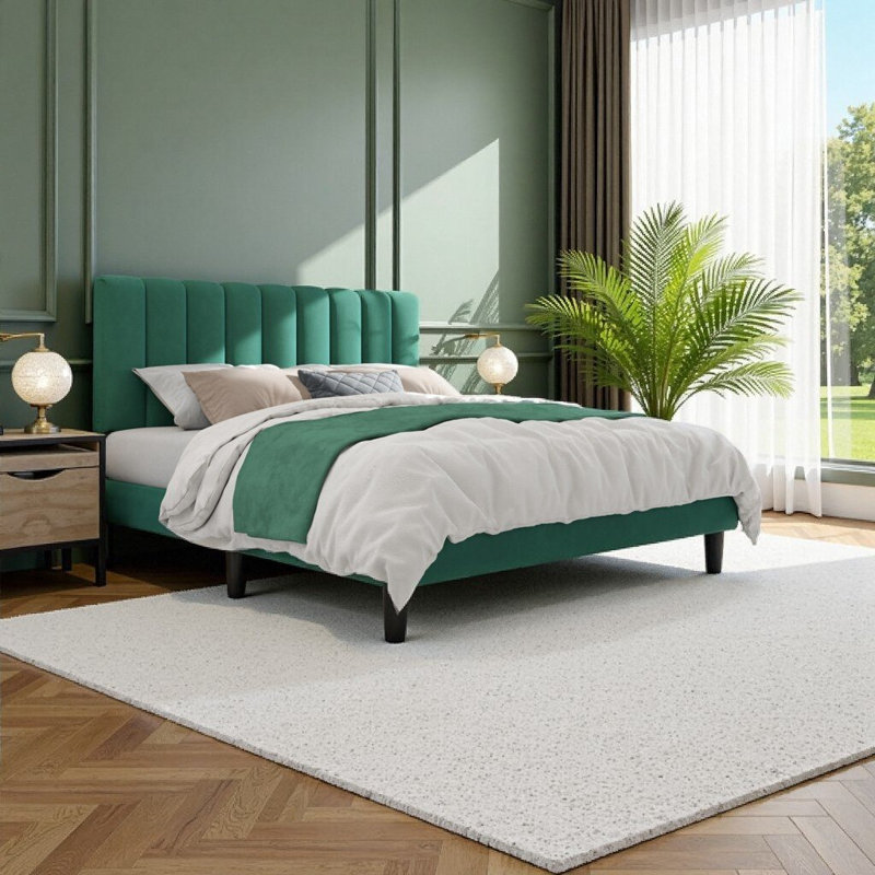 Structure de lit pleine grandeur en velours vert émeraude avec tête de lit réglable | Convient aux matelas de 10 à 12 po | Capacité de 800 lb | Assemblage silencieux et facile
