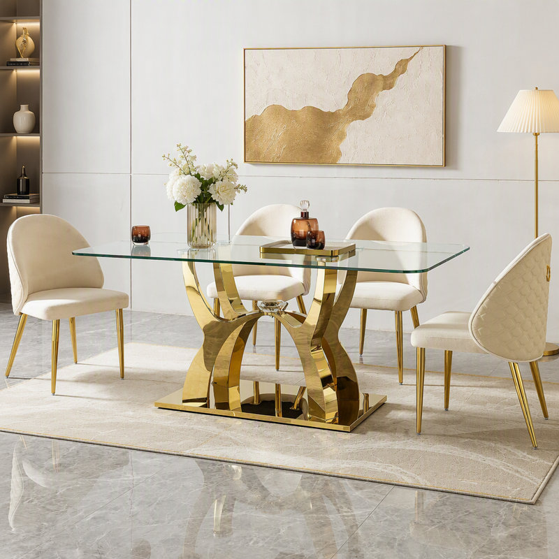 Table de salle à manger de luxe en verre pour 6 personnes, plateau en verre transparent de 175 cm (68,9 pouces) avec piètement incurvé moderne doré, table de salle à manger contemporaine avec accents de cristal