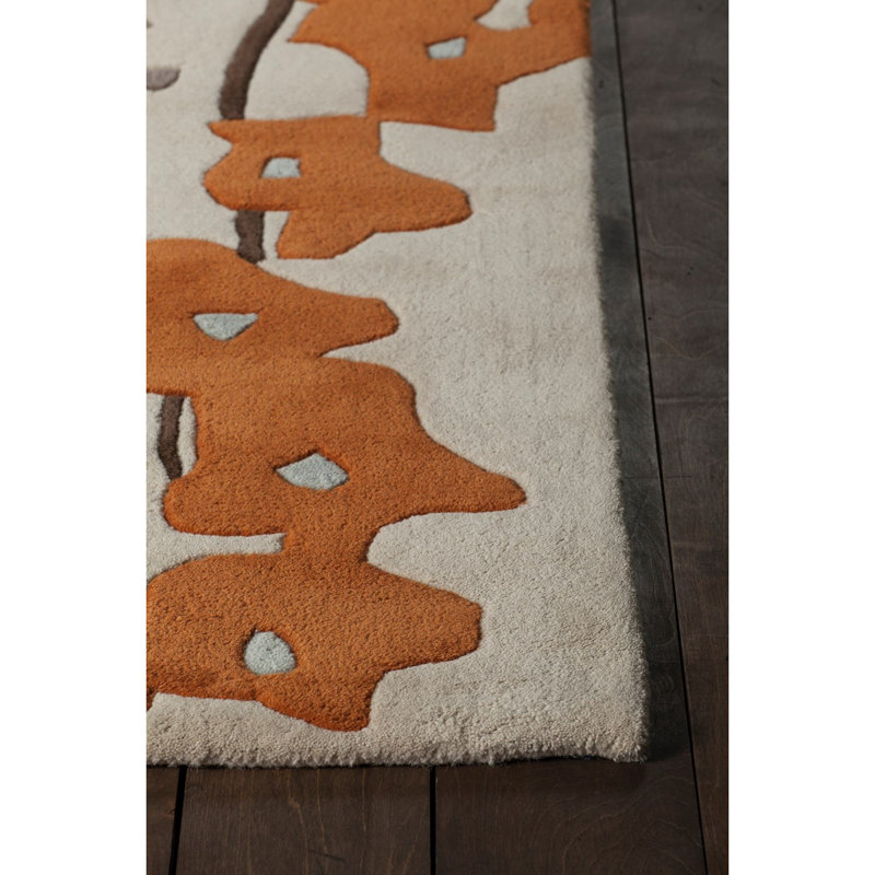 Tapis d'intérieur en laine ivoire touffeté à la main à motif floral orange, brun et gris Stoltz, 5 pi x 7 pi 6 po