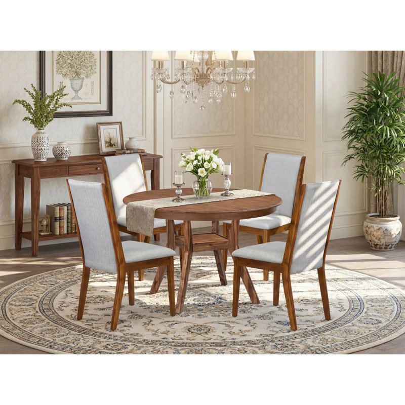 L'ensemble de table de salle à manger 5 pièces comprend une table de cuisine moderne et 4 chaises rembourrées en tissu de lin gris avec dossier haut, noyer antique