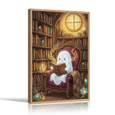 Mignon fantôme lisant un livre magique dans une bibliothèque confortable, art mural d'Halloween
