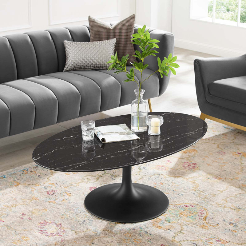 Table basse ovale en marbre Lippa, Noir, H 17,5 po x L 48 po x l 27,5 po
