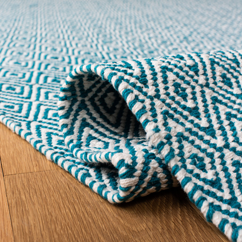 Tapis ivoire / turquoise en coton tissé à plat à la main Dryden, Rectangle 2 pi 6 po x 4 pi