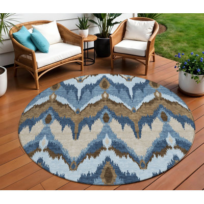 Tapis d'intérieur rond lavable en ikat bleu et bleu ciel 8 pi HomeRoots