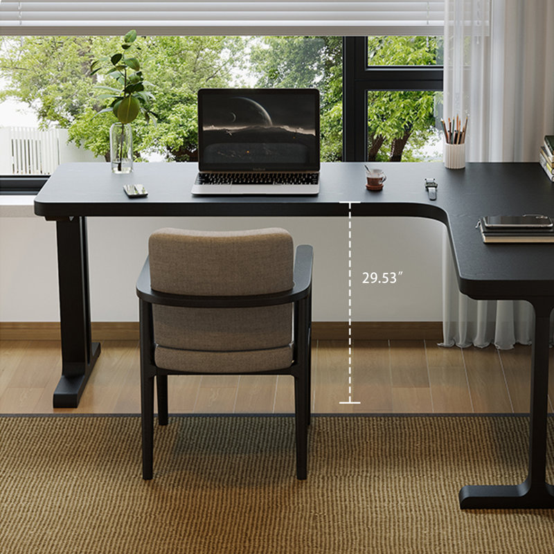 Black L-Shaped Solid Wood desks, 29.53" H x 62.99" W x 55.12" D, Right Hand Return