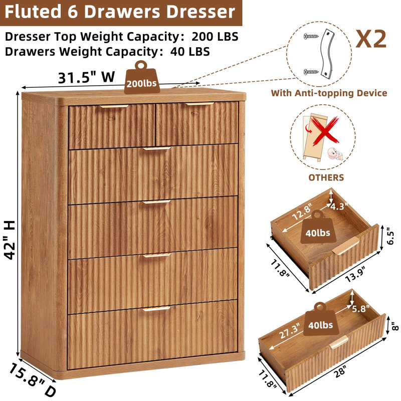 Farmhouse Fluted 6 Drawers Dresser for Bedroom, 42" Tall Modern Chest of Drawers with Metal Handle, Curved Profile Design, Wood Drawer Organizer for Bedroom, Living Room, Hallway, Entryway