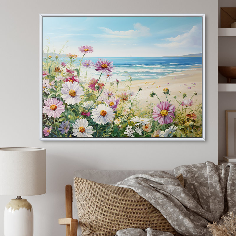 Zinnias sur la plage sur toile, Cadre flottant blanc, H 12 po x l 20 po x P 1 po