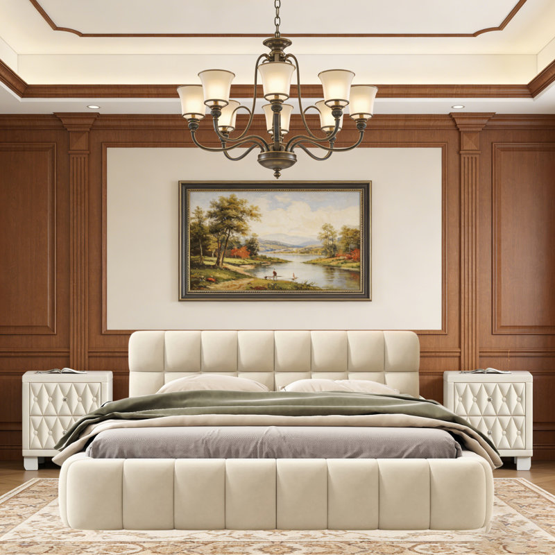 Ensemble de chambre à coucher 3 pièces, lit plateforme tapissier avec tissu épais et 2 table de chevet en velours avec 2 tiroirs et poignées en cristal
