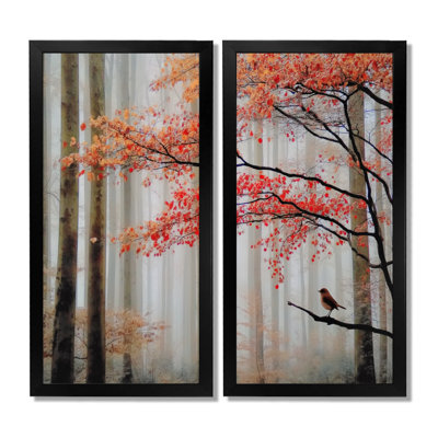 Autumn Forest Morning Dew In Quebec - Forest Framed Prints, Red Nature Canvas Wall Art 2 Piece
