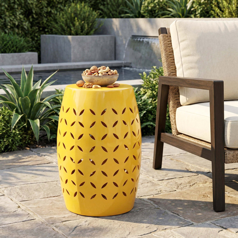 12" Yellow Outdoor Iron Side Table, All-Metal Construction End Table, Yellow