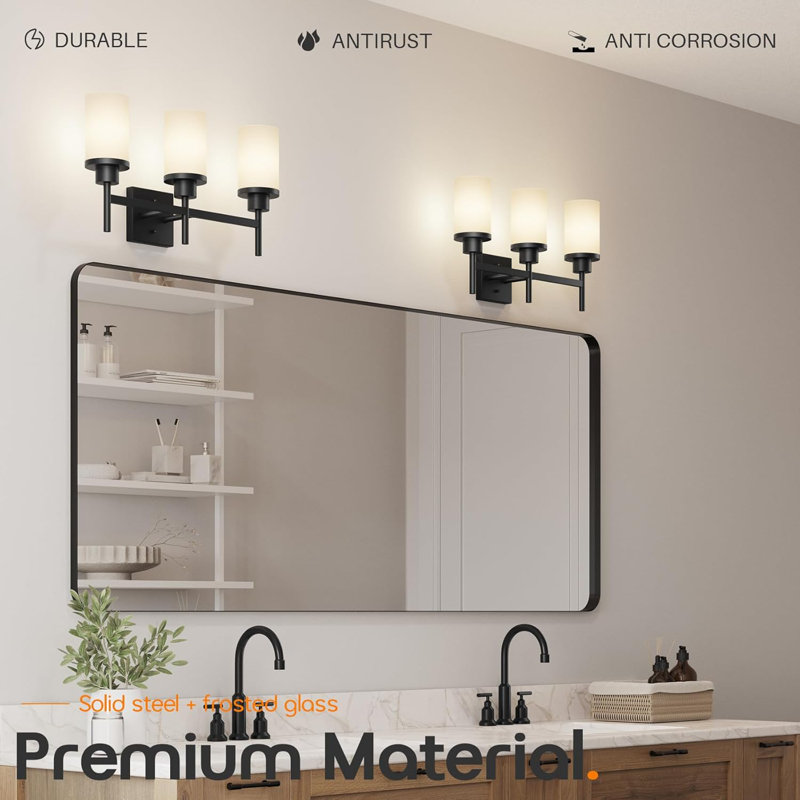 Luminaire de meuble-lavabo 3 lumières avec abat-jour en verre givré, applique murale noir mat pour éclairage en miroir, douille E26 compatible avec ampoules DEL